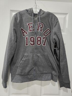 Aéropostale Gray Zip-Up Hoodie with Maroon 'AERO 1987' Men, Size L
